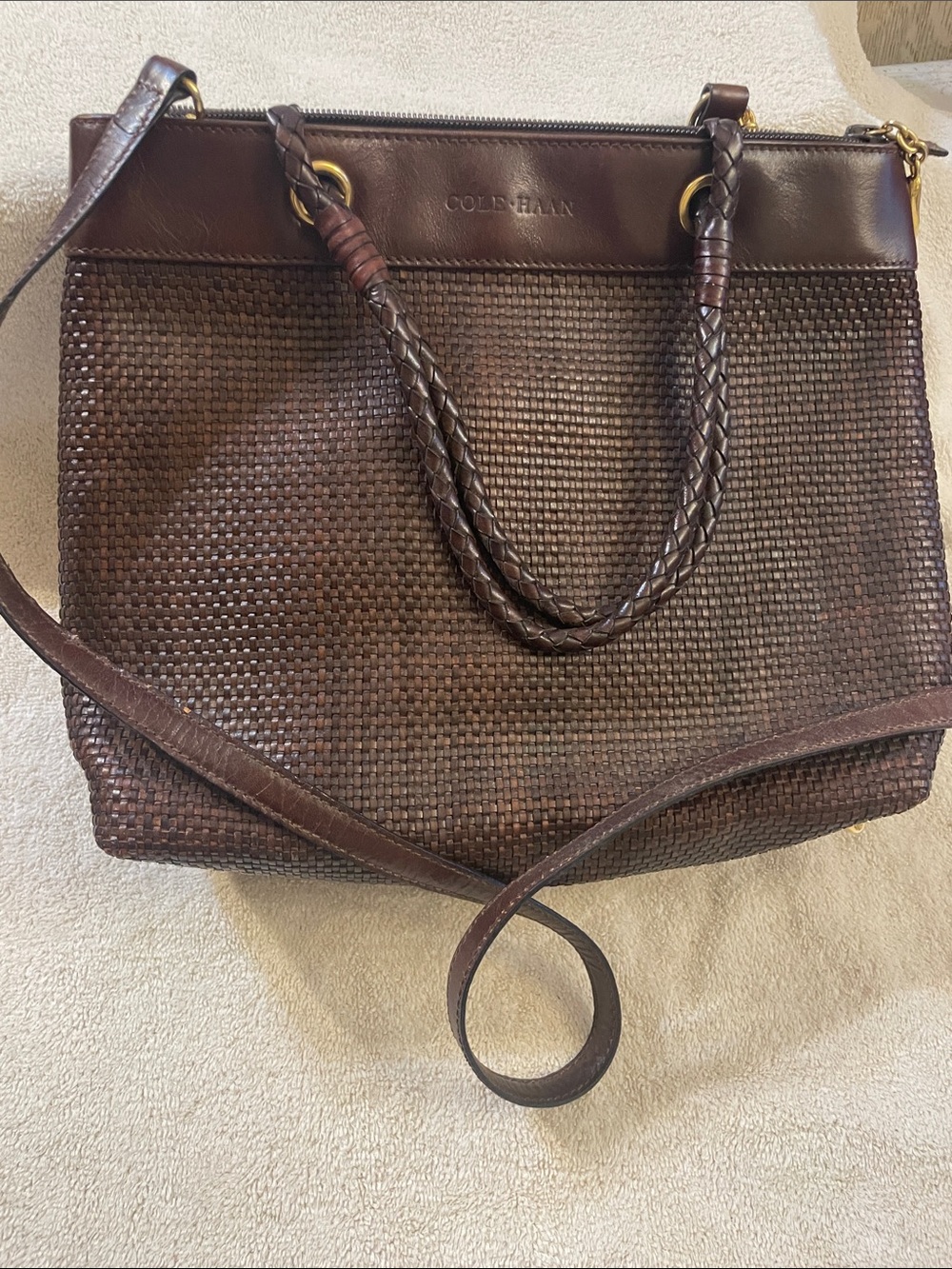 Cole Haan Brown Woven Leather Tote with Braided Handles